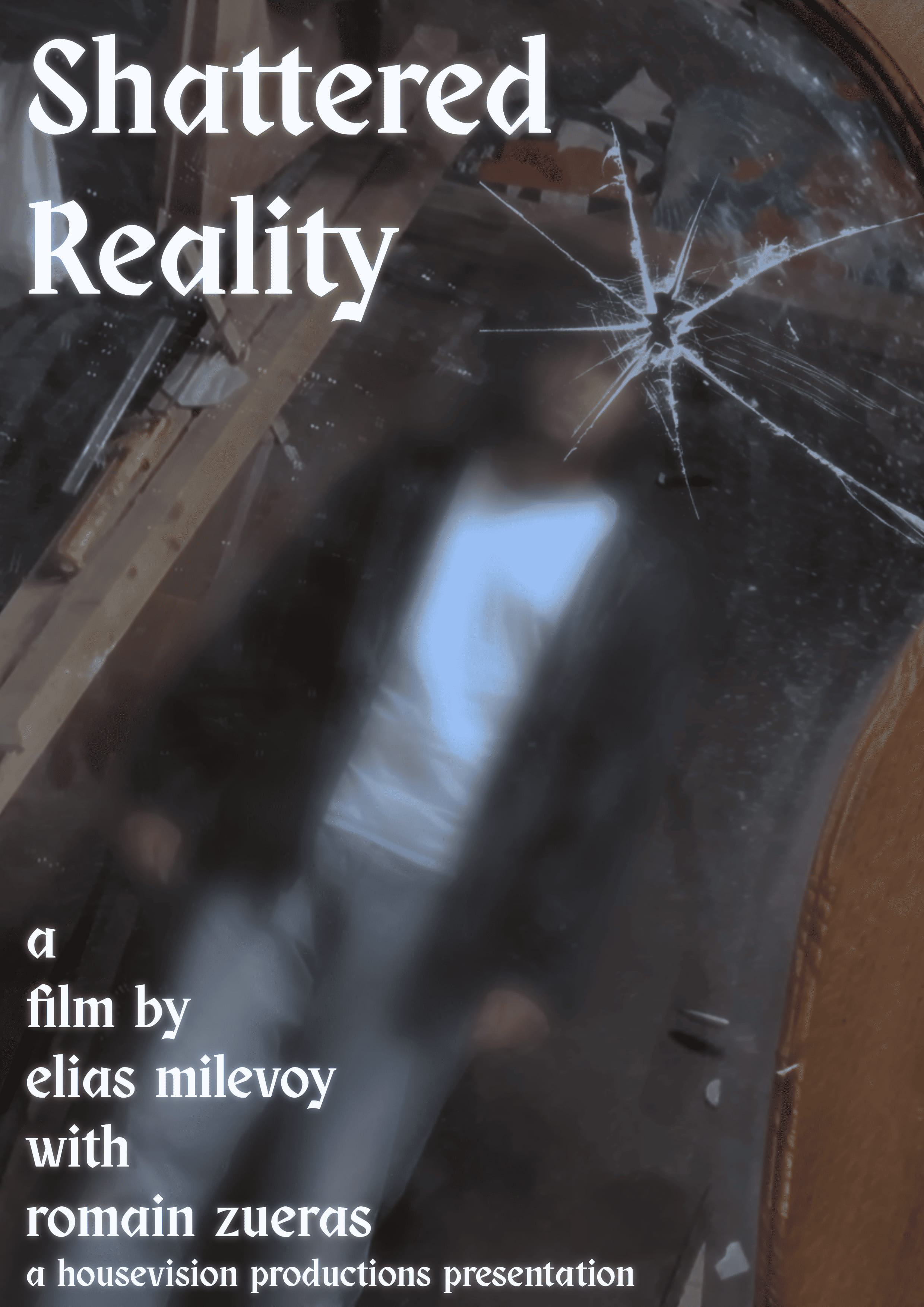 L'affiche de Shattered Reality où un homme regarde son reflet dans un grand miroir posé sur le sol. L'homme en question est flou et il y a une fissure vers le haut du miroir au niveau du crâne de l'homme. En haut à gauche de l'affiche se trouve le titre du film et en bas à gauche se trouvent les crédits.